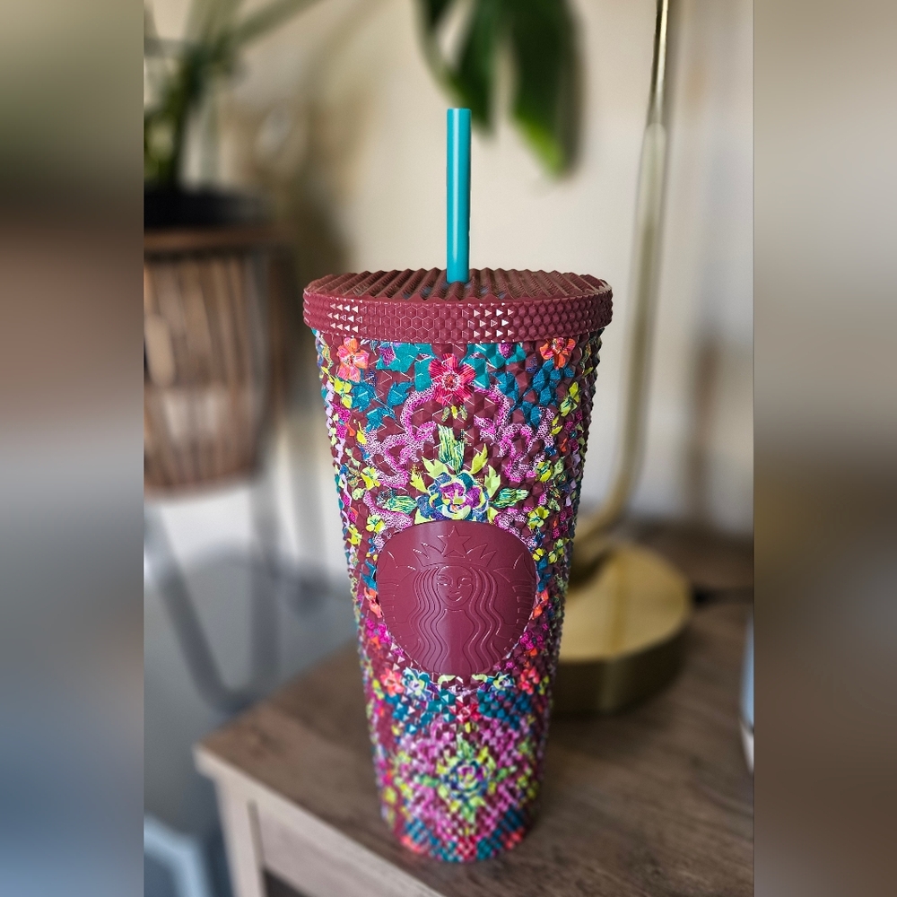 Starbucks 24oz Colorful Floral Design Cold Cup Studded Tumbler with Straw